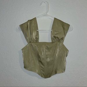 PrettyLittleThing green satin over the shoulder corset top